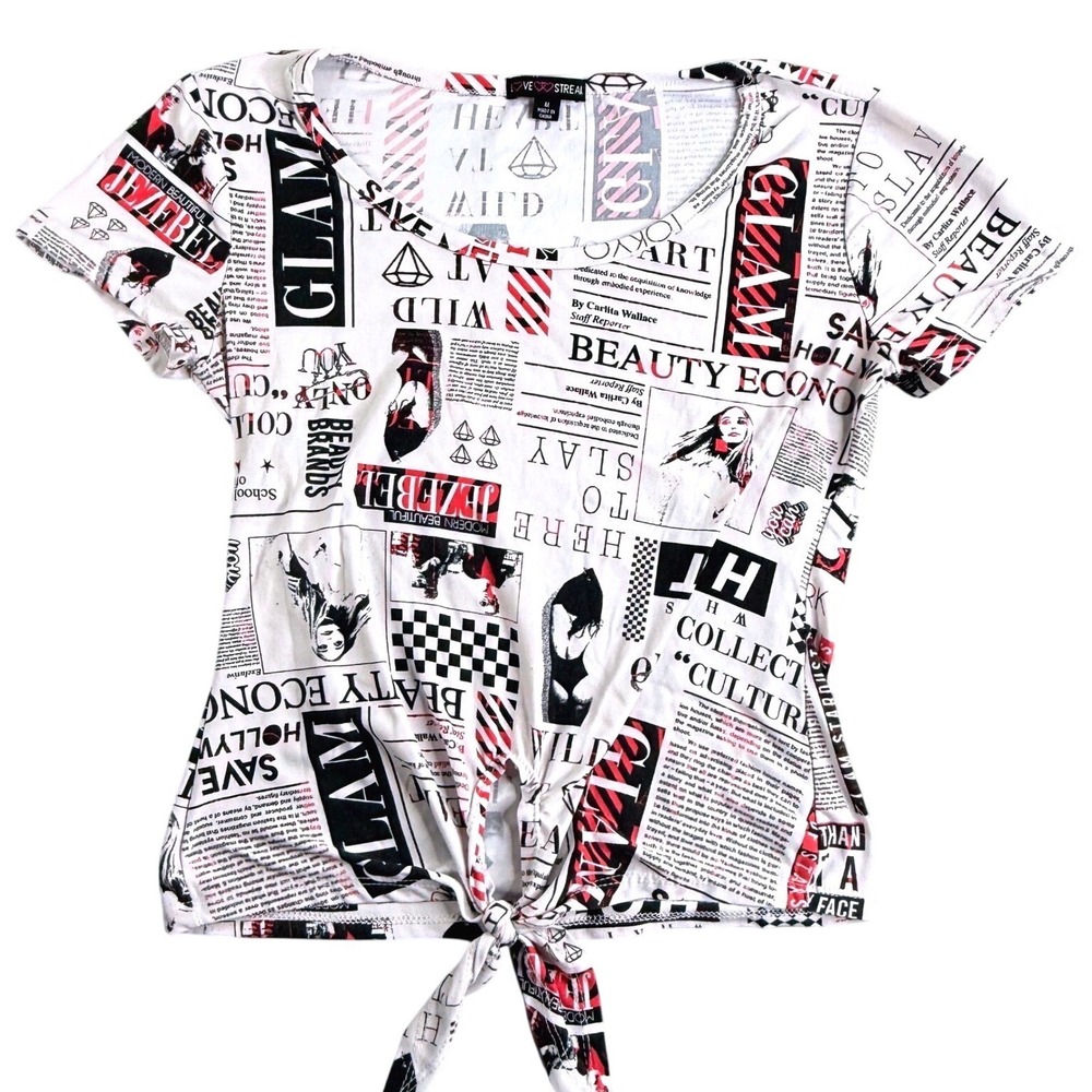 Love Streak Newspaper Print Tie Front Graphic Tee Red Black White Womens Medium